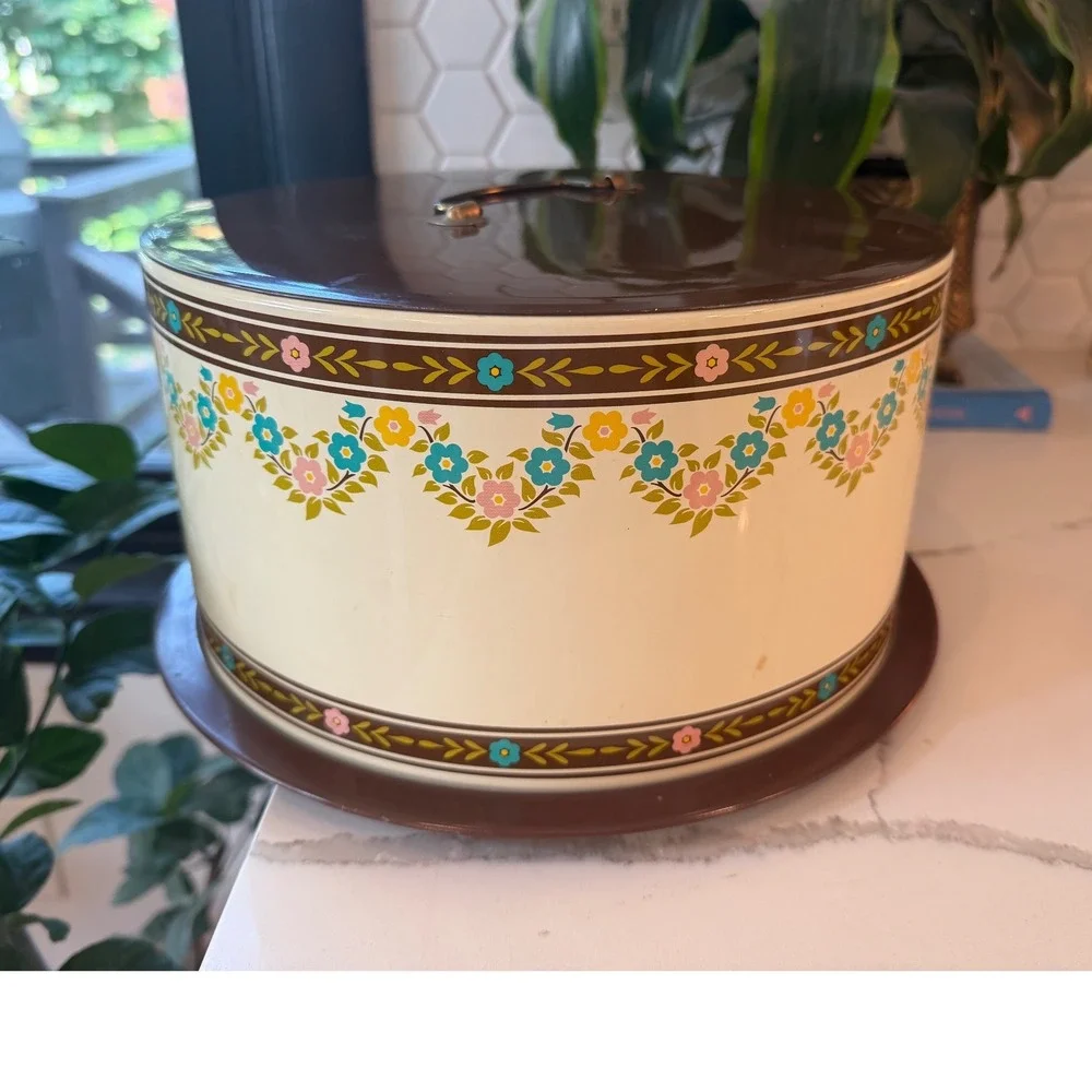 Vintage 1960s Ballonoff Metal Cake Carrier Brown Cream Floral Tin Retro Kitchen